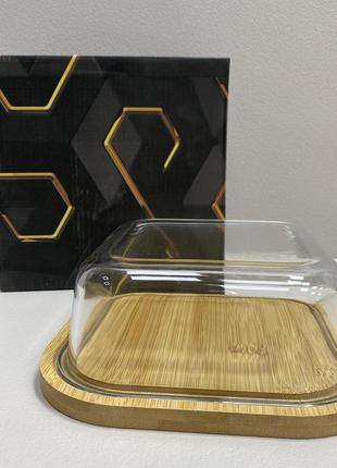 Блюдо-сырница бамбуковая со стеклянной крышкой 19,2*19,2*7 см olens o102-628