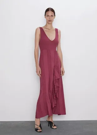 Комбинированное базовое платье-миди с разрезом воланом /сарафан-миди из новой коллекции zara как новая