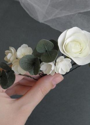 Шпильки для волосся з евкаліптом і трояндами весільні шпильки3 фото