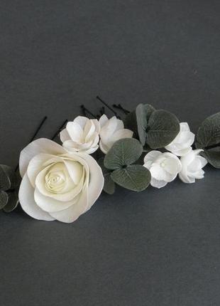 Шпильки для волосся з евкаліптом і трояндами весільні шпильки5 фото
