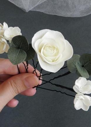 Шпильки для волосся з евкаліптом і трояндами весільні шпильки6 фото