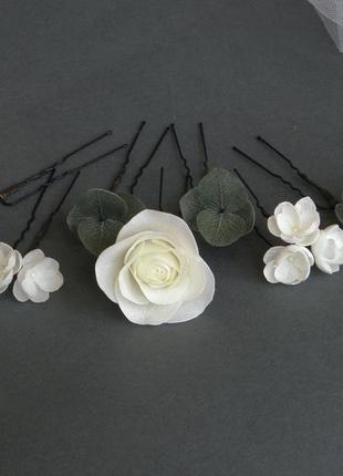 Шпильки для волосся з евкаліптом і трояндами весільні шпильки4 фото