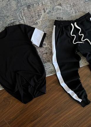 Спортивный костюм высокого качества, черно-белая футболка + спортивные черные штаны