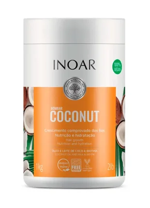 Маска для росту волосся без сульфатів кокос і біотин, inoar coconut, bombar coconut mascara, 500 g