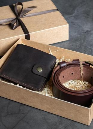 Подарочный набор кожаных изделий: портмоне, ремень шоколад