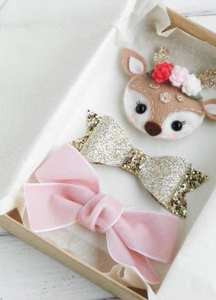 Детские новогодние заколки для девочки / заколка олень / набор заколок резинок