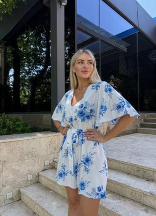 Комбинезон летний, шортами, белый, с цветами, с принтом цветочным, романтичный, нарядный, з штапеля, с пояском, комбез