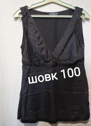 Ро29 шовкова вінтажна гламурна чорна в горошок жіноча блуза на запах без рукавів шовк