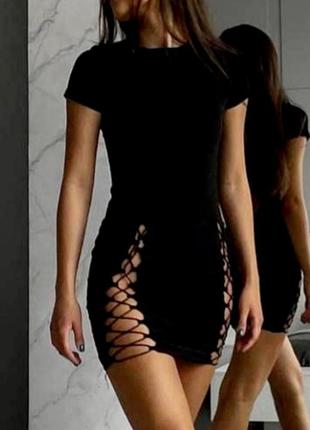 Сексуальное черное женское новое открытое летнее вечернее короткое черное платье мини без рукавов, с разрезами и завязками на бедрах🔥