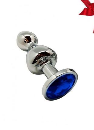 Металева анальна пробка wooomy lollypop double ball metal plug blue s, діаметр 2,8см, довжина 8,5см