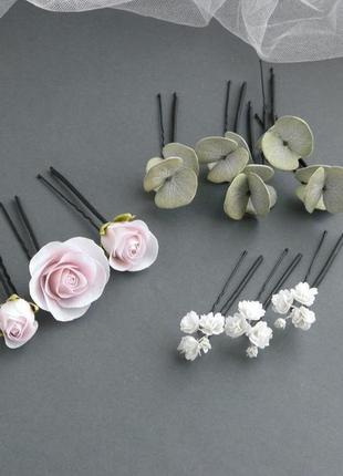 Набір шпильок для волосся з пудрово рожевими квітами та евкаліптом2 фото