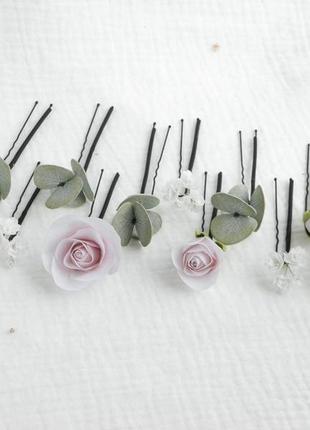 Набір шпильок для волосся з пудрово рожевими квітами та евкаліптом3 фото