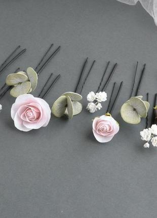 Набір шпильок для волосся з пудрово рожевими квітами та евкаліптом7 фото