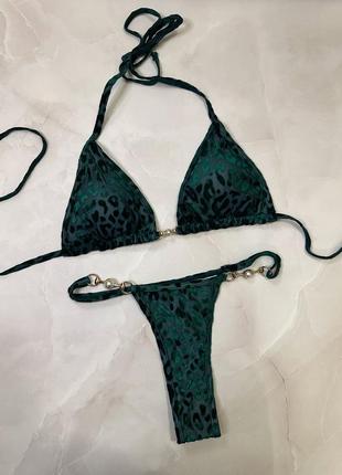 Жіночий купальник темно зелений пляшковий з сіткою з леопардовим принтом трикутник з чашками бікіні