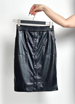 Стильная кожаная юбка карандаш миди черная высокая посадка экокожа4 фото