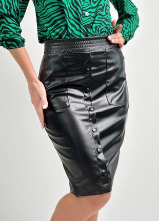 Стильная кожаная юбка карандаш миди черная высокая посадка экокожа3 фото