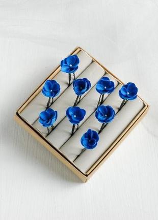 Синие шпильки с цветами набор свадебных шпилек для волос6 фото