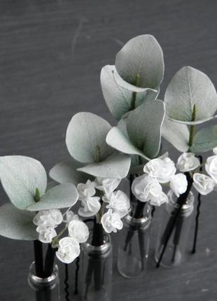 Шпильки з квітами гіпсофіли і евкаліптом / весільні шпильки для волосся10 фото