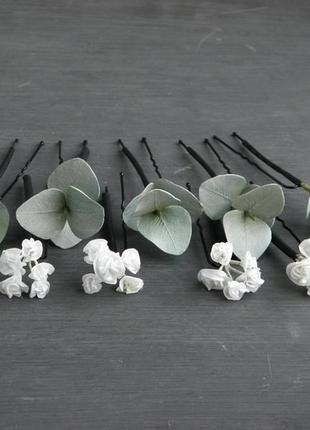 Шпильки з квітами гіпсофіли і евкаліптом / весільні шпильки для волосся2 фото