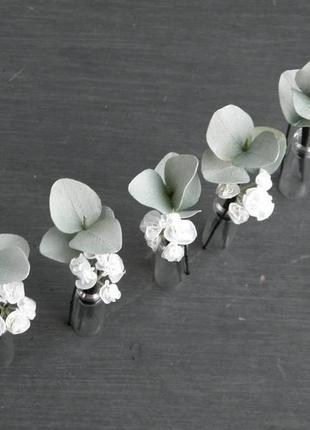 Шпильки з квітами гіпсофіли і евкаліптом / весільні шпильки для волосся8 фото