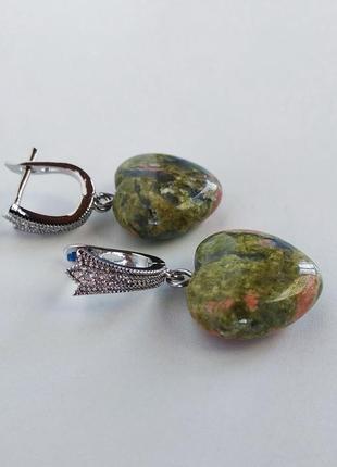 Серьги " сердечки " с натуральным камнем яшма унакит2 фото