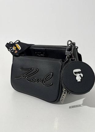 Сумка чорна 3 в 1 еко шкіра високої якості широкий ремінь в стилі karl lagerfeld черная