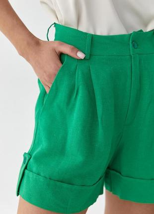 Короткие льняные шорты с отворотом - зеленый цвет, m (есть размеры)4 фото