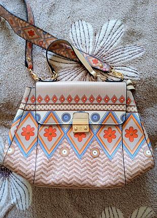Сумка бежева з довгою ручкою в принт
