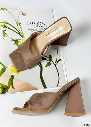 34701👑шльопанці сабо на широких підборах з квадратним носиком в штучній замші