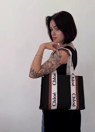 Стильная фирменная текстильная женская сумка chloe сумка-шопер chloe текстильный шопер с ручками черная сумка с ручками