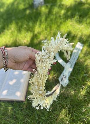 Вінок на голову в стилі бохо з сухоцвітами, пшеницею, овсом, льоном та гіпсофілою