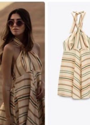 Платье zara из льна. стиль халтер с галстуком-бантом.2 фото