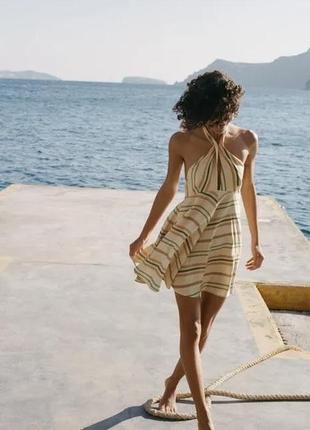 Платье zara из льна. стиль халтер с галстуком-бантом.3 фото