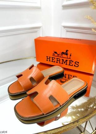 ▪️в стиле hermes женские шлепанцы шлепки сланцы слайдеры сандали оранжевые рыжие низкий ход плоская танкетка кожаные(эко кожа)36 40 41 размер