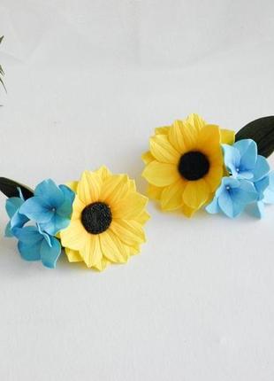 Заколки для волосся з жовто - блакитними квітами патріотичні заколочки з соняхом4 фото