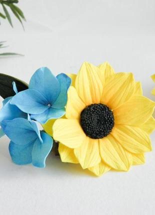 Заколки для волосся з жовто - блакитними квітами патріотичні заколочки з соняхом3 фото