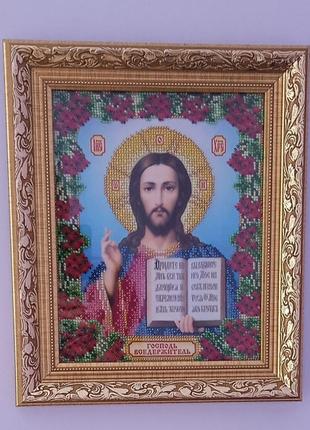 Ікона вишита бісером в рамі "ісус христос вседержитель"