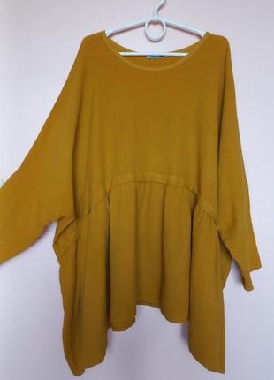 Горчичная муслиновая хлопковая блузка оверсайз, блуза муслин 100% хлопок имталия 54-62 г.