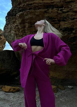 Муслиновый хлопковый женский костюм тройка рубашка-халат шорты и штаны фуксия фиолетовый