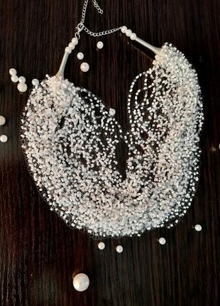 Бусы из бисера, белый цвет, украшения на шею, паутинка, колье, ручная работа