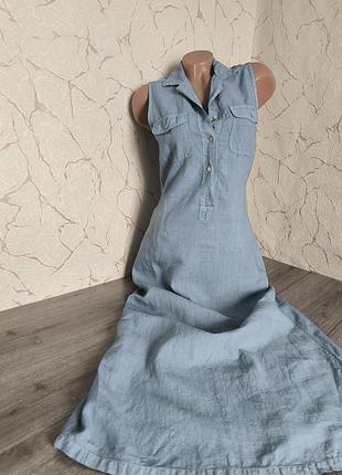Платье длинное лён голубое/ серое,44