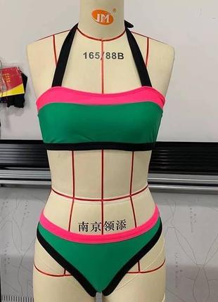 Купальник раздельный зеленый с розовым