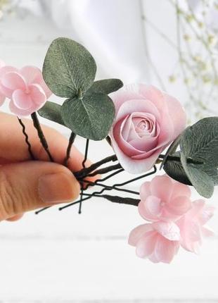 Шпильки с розовыми цветами и эвкалиптом свадебные шпильки для волос с розой