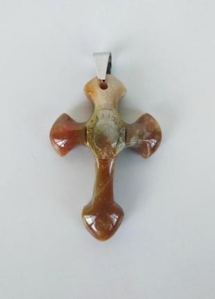 Кулон " крест " из камня агат на черном, кожаном шнурке