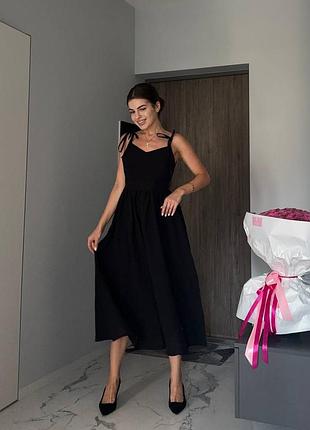 Женский летний черный льняной сарафан с открытой спиной лен лето