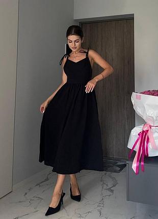 Женский летний черный льняной сарафан с открытой спиной лен лето