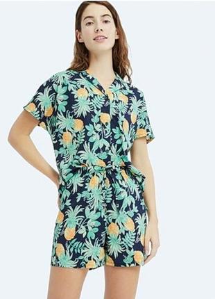 Uniqlo натуральный костюм в пижамном стиле рубашка обьемная (оверсайз) + шорты на высокой посадке