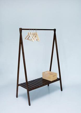 Підлогова вішалка — рейл дерев'яна стійка для одягу з полицею горіх (150х100х50 см)