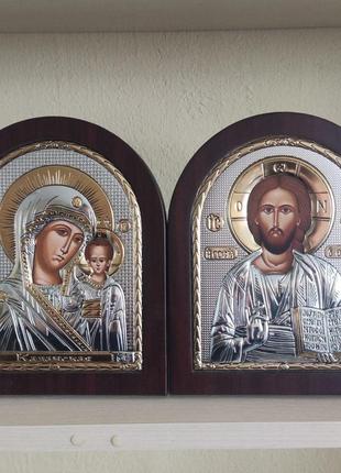 Грецька вінчальна пара ікон silver axion спасителя та казанської божої матері ep4-004xag/pep4-001xag/p 15x18