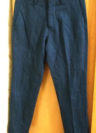 Лён / хлопок h&m укороченные мужские брюки, снизу монжет, цвет: тёмно синий, размер m/ l